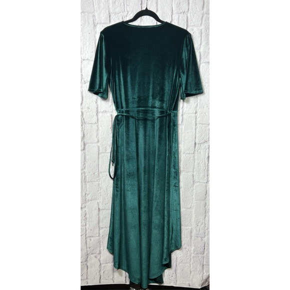 Lulus Amour Green Velvet Wrap Dress High Low Flutter Sleeve Stretch V Neck L - Picture 6 of 12